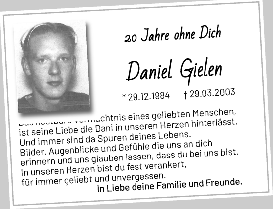 Traueranzeige von Daniel Gielen von trauer.extra-tipp-moenchengladbach.de