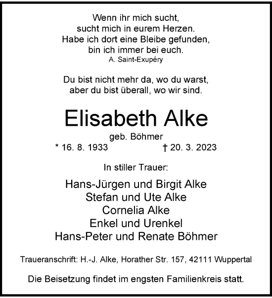 Traueranzeige von Elisabeth Alke von trauer.wuppertaler-rundschau.de
