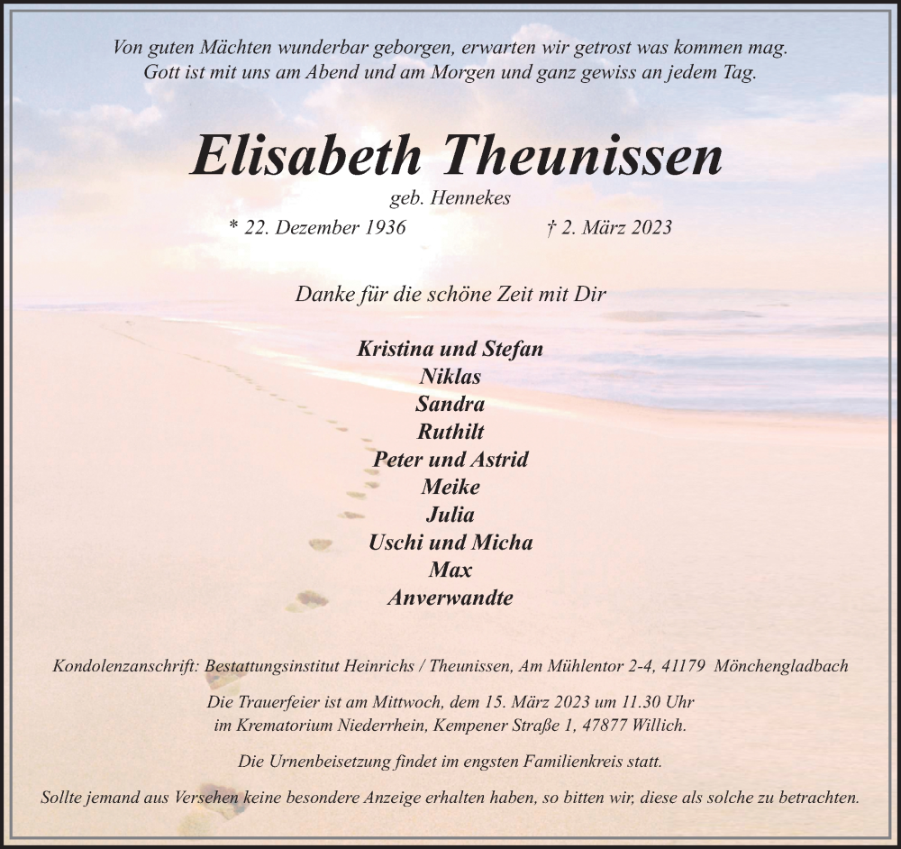  Traueranzeige für Elisabeth Theunissen vom 12.03.2023 aus trauer.extra-tipp-moenchengladbach.de