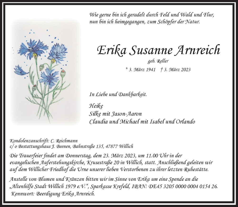  Traueranzeige für Erika Susanne Arnreich vom 19.03.2023 aus trauer.extra-tipp-moenchengladbach.de
