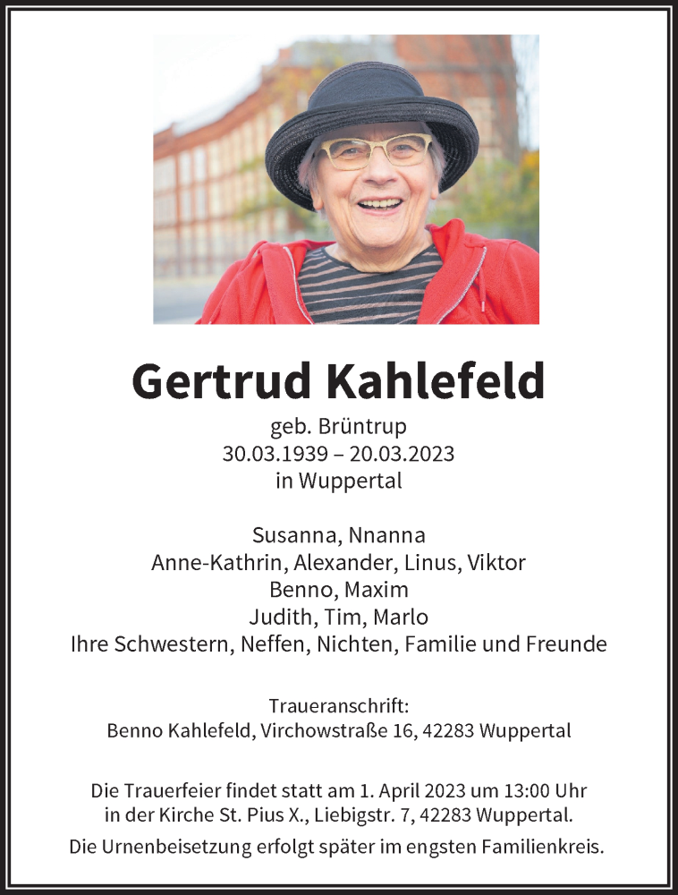  Traueranzeige für Gertrud Kahlefeld vom 25.03.2023 aus trauer.wuppertaler-rundschau.de