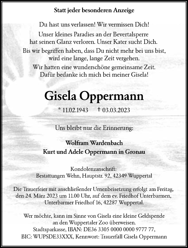  Traueranzeige für Gisela Oppermann vom 18.03.2023 aus trauer.wuppertaler-rundschau.de