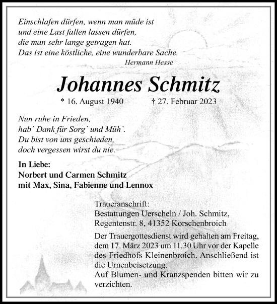 Traueranzeige von Johannes Schmitz von trauer.extra-tipp-moenchengladbach.de