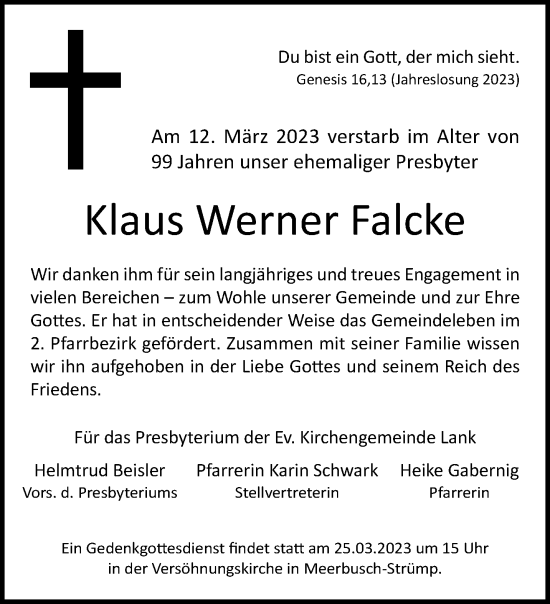 Traueranzeige von Klaus Werner Falcke von trauer.extra-tipp-moenchengladbach.de