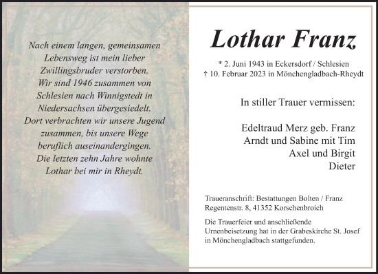 Traueranzeige von Lothar Franz von trauer.extra-tipp-moenchengladbach.de