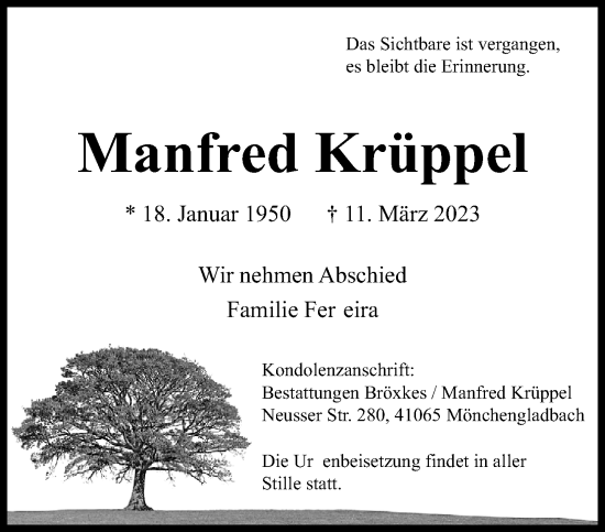Traueranzeige von Manfred Krüppel von trauer.extra-tipp-moenchengladbach.de