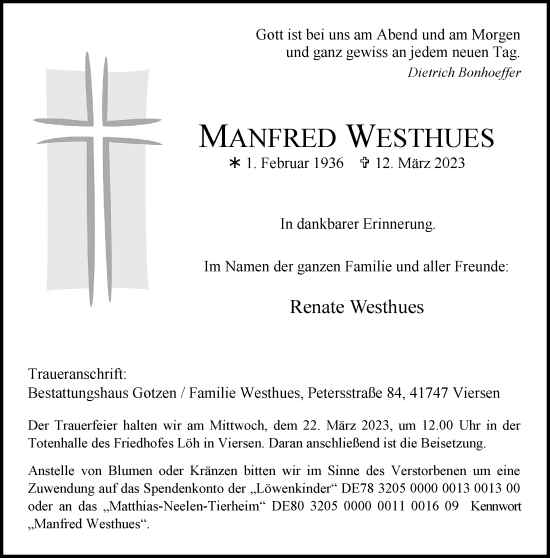 Traueranzeige von Manfred Westhues von trauer.extra-tipp-moenchengladbach.de