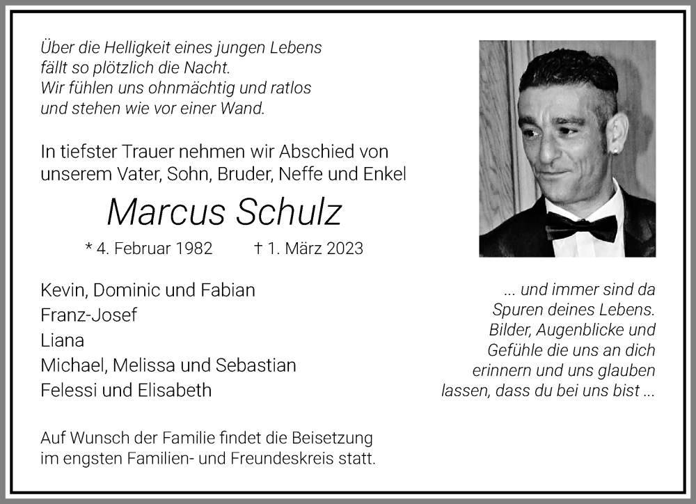  Traueranzeige für Marcus Schulz vom 12.03.2023 aus trauer.extra-tipp-moenchengladbach.de