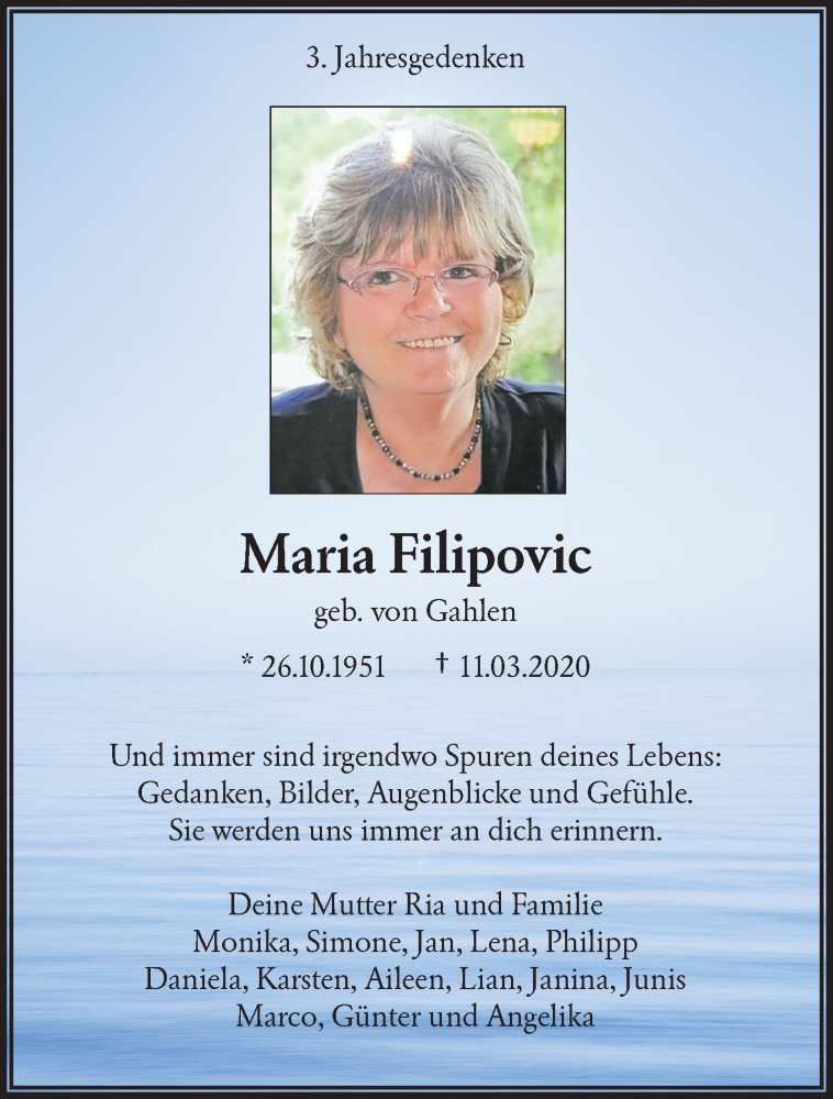  Traueranzeige für Maria Filipovic vom 11.03.2023 aus trauer.wuppertaler-rundschau.de