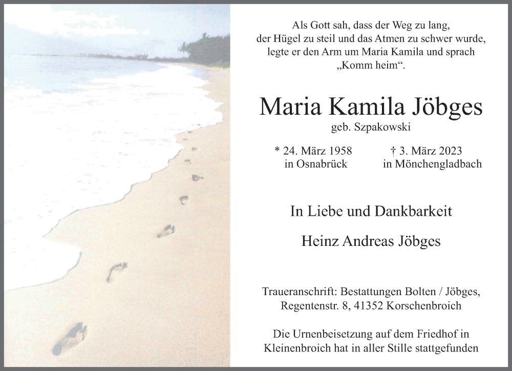  Traueranzeige für Maria Kamila Jöbges vom 26.03.2023 aus trauer.extra-tipp-moenchengladbach.de