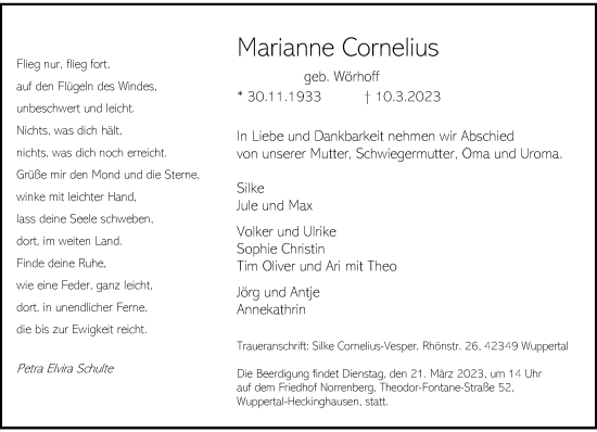 Traueranzeige von Marianne Cornelius von trauer.wuppertaler-rundschau.de