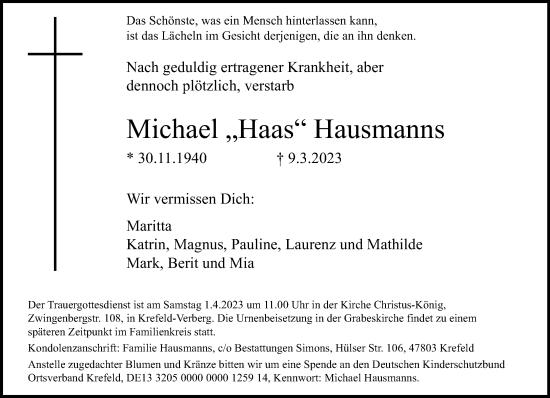 Traueranzeige von Michael Hausmanns von trauer.mein.krefeld.de