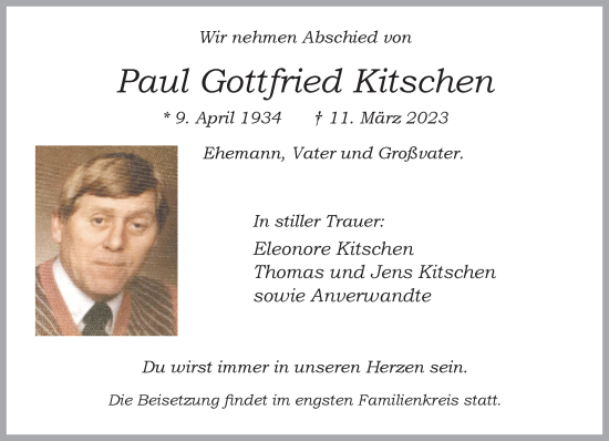 Traueranzeige von Paul Gottfried Kitschen von trauer.extra-tipp-moenchengladbach.de