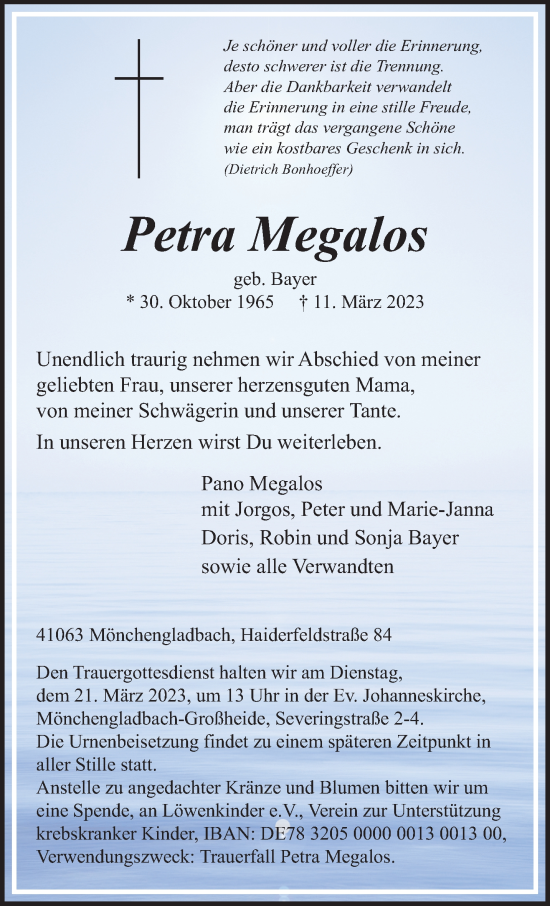 Traueranzeige von Petra Megalos von trauer.extra-tipp-moenchengladbach.de