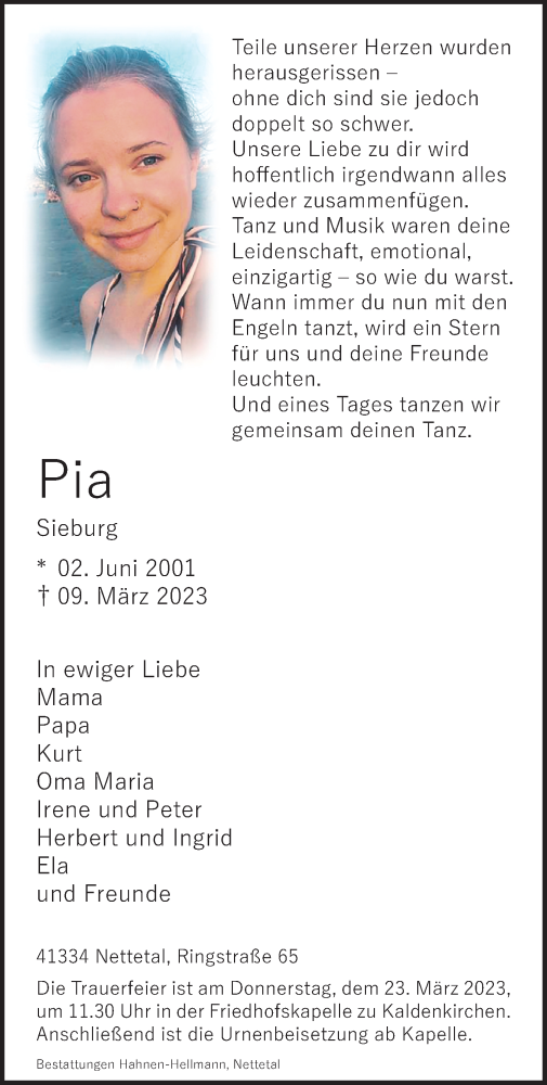  Traueranzeige für Pia Sieburg vom 19.03.2023 aus trauer.extra-tipp-moenchengladbach.de