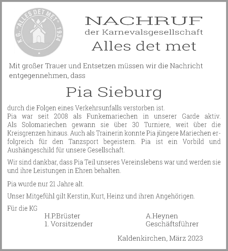  Traueranzeige für Pia Sieburg vom 26.03.2023 aus trauer.extra-tipp-moenchengladbach.de