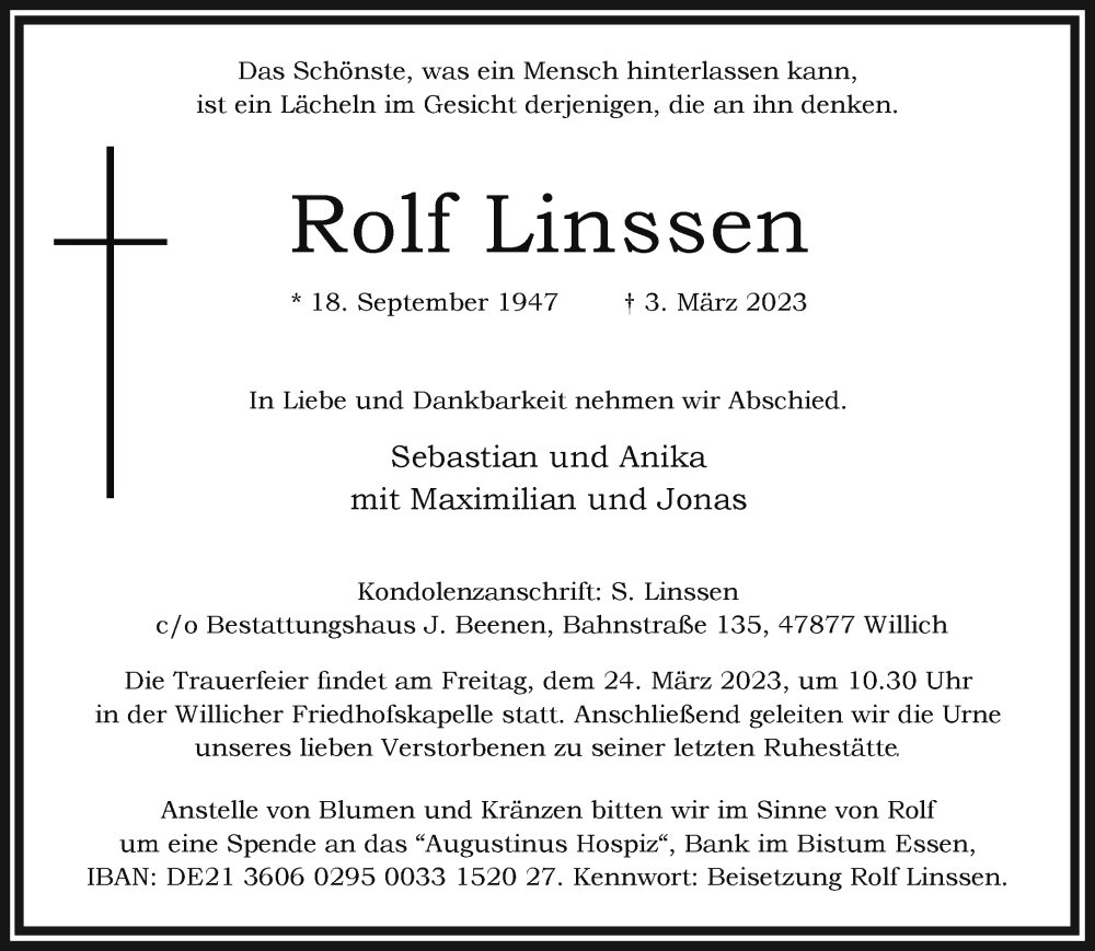  Traueranzeige für Rolf Linssen vom 19.03.2023 aus trauer.extra-tipp-moenchengladbach.de