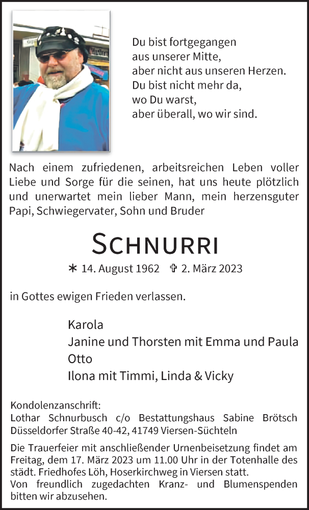  Traueranzeige für Schnurri  vom 12.03.2023 aus trauer.extra-tipp-moenchengladbach.de
