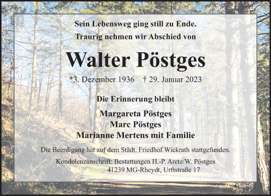 Traueranzeige von Walter Pöstges von trauer.extra-tipp-moenchengladbach.de