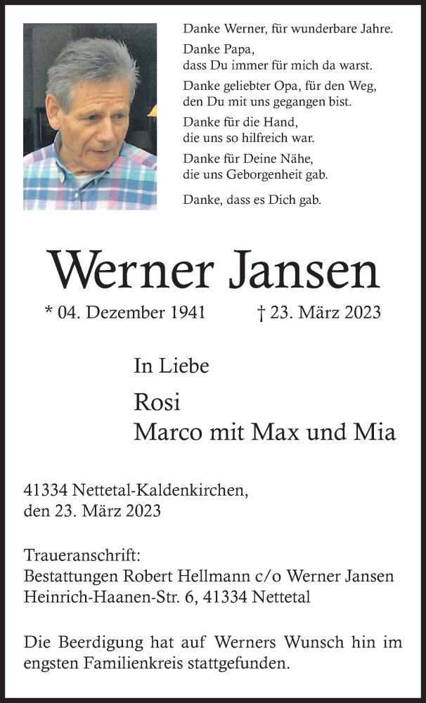  Traueranzeige für Werner Jansen vom 02.04.2023 aus trauer.extra-tipp-moenchengladbach.de