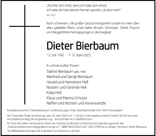 Traueranzeige von Dieter Bierbaum von trauer.duesseldorfer-anzeiger.de