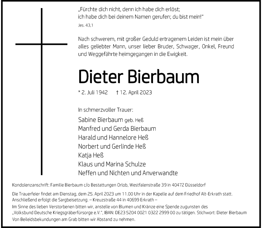  Traueranzeige für Dieter Bierbaum vom 21.04.2023 aus trauer.duesseldorfer-anzeiger.de