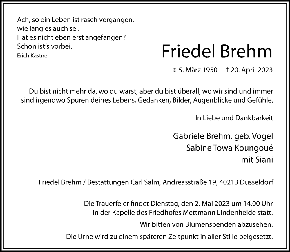  Traueranzeige für Friedel Brehm vom 28.04.2023 aus trauer.duesseldorfer-anzeiger.de