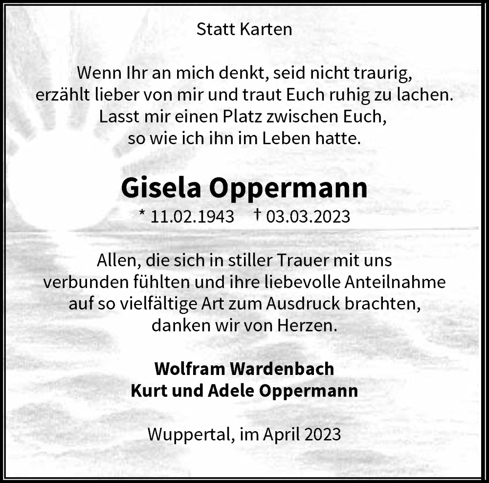  Traueranzeige für Gisela Oppermann vom 08.04.2023 aus trauer.wuppertaler-rundschau.de