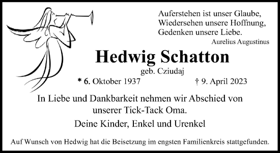 Traueranzeige von Hedwig Schatton von trauer.extra-tipp-moenchengladbach.de