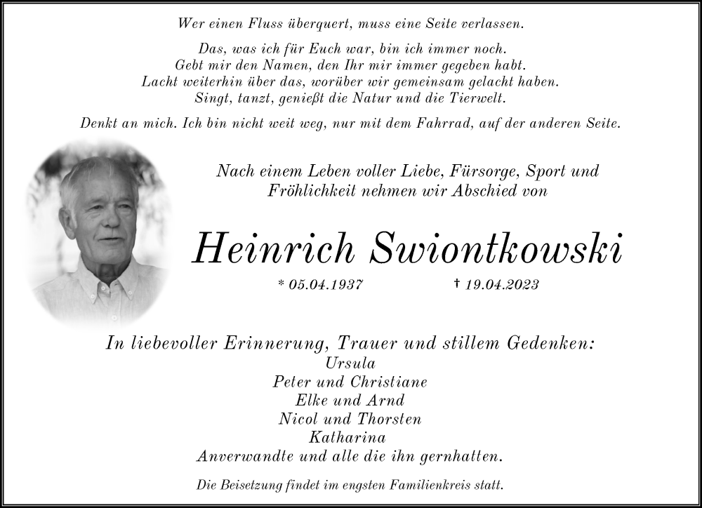  Traueranzeige für Heinrich Swiontkowski vom 28.04.2023 aus trauer.duesseldorfer-anzeiger.de