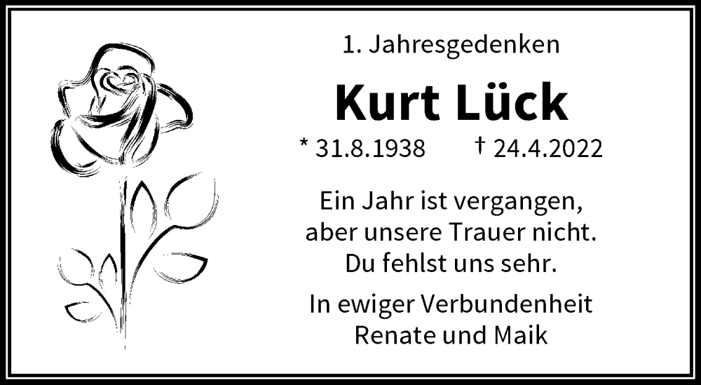  Traueranzeige für Kurt Lück vom 22.04.2023 aus trauer.wuppertaler-rundschau.de