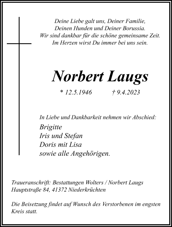 Traueranzeige von Norbert Laugs von trauer.extra-tipp-moenchengladbach.de
