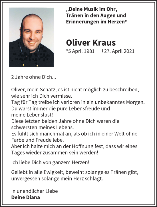 Traueranzeige von Oliver Kraus von trauer.wuppertaler-rundschau.de