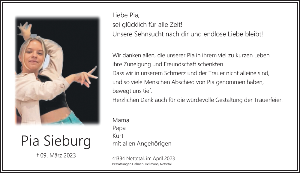  Traueranzeige für Pia Sieburg vom 23.04.2023 aus trauer.extra-tipp-moenchengladbach.de
