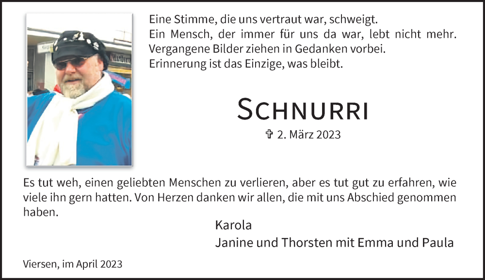  Traueranzeige für Schnurri  vom 09.04.2023 aus trauer.extra-tipp-moenchengladbach.de