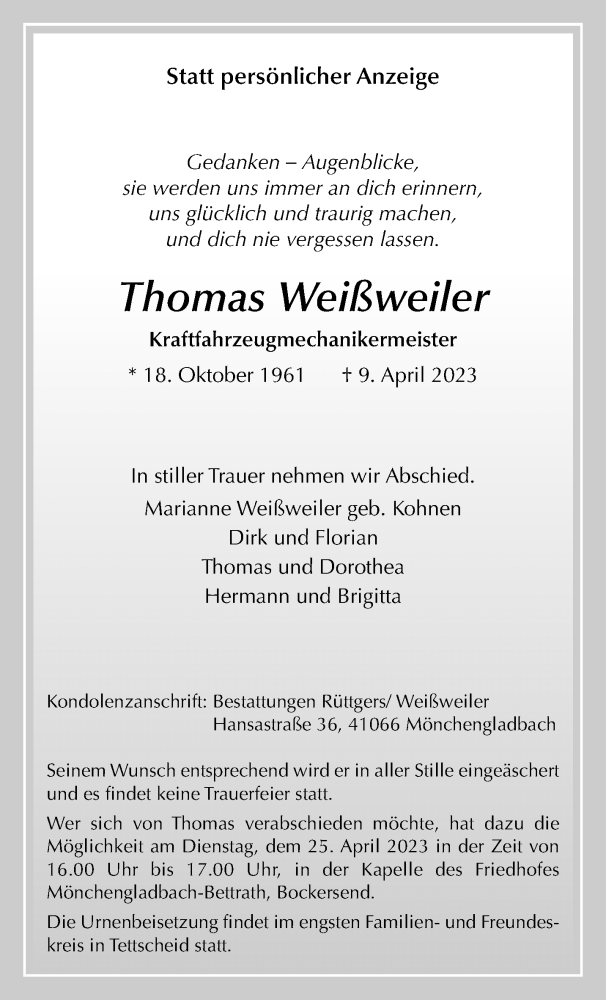  Traueranzeige für Thomas Weißweiler vom 23.04.2023 aus trauer.extra-tipp-moenchengladbach.de