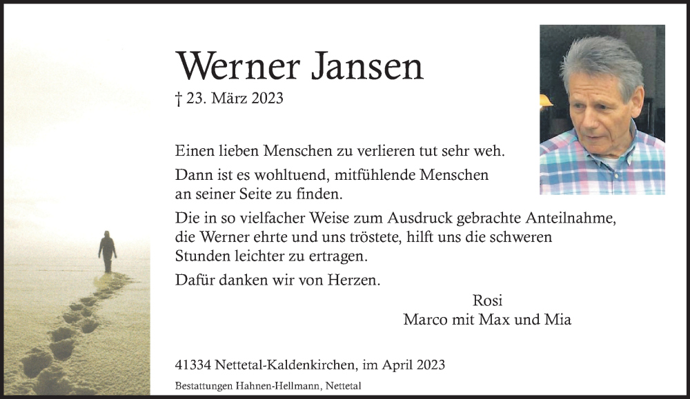  Traueranzeige für Werner Jansen vom 23.04.2023 aus trauer.extra-tipp-moenchengladbach.de
