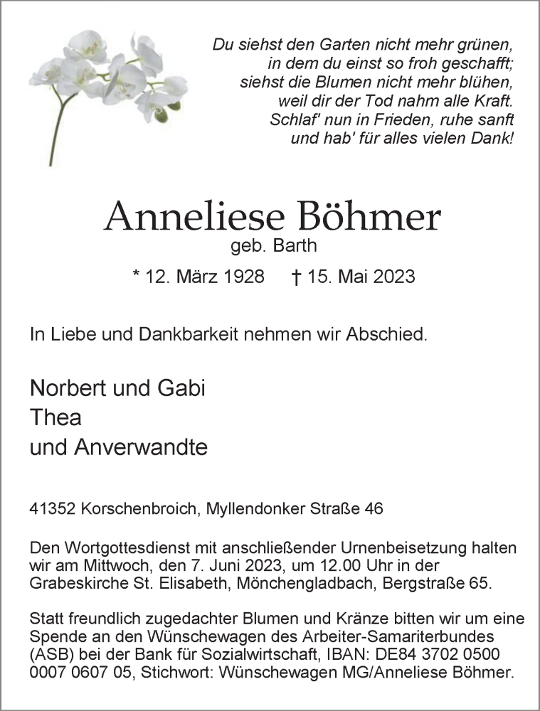  Traueranzeige für Anneliese Böhmer vom 28.05.2023 aus trauer.extra-tipp-moenchengladbach.de
