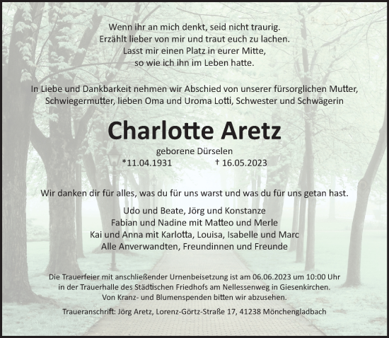 Traueranzeige von Charlotte Aretz von trauer.extra-tipp-moenchengladbach.de