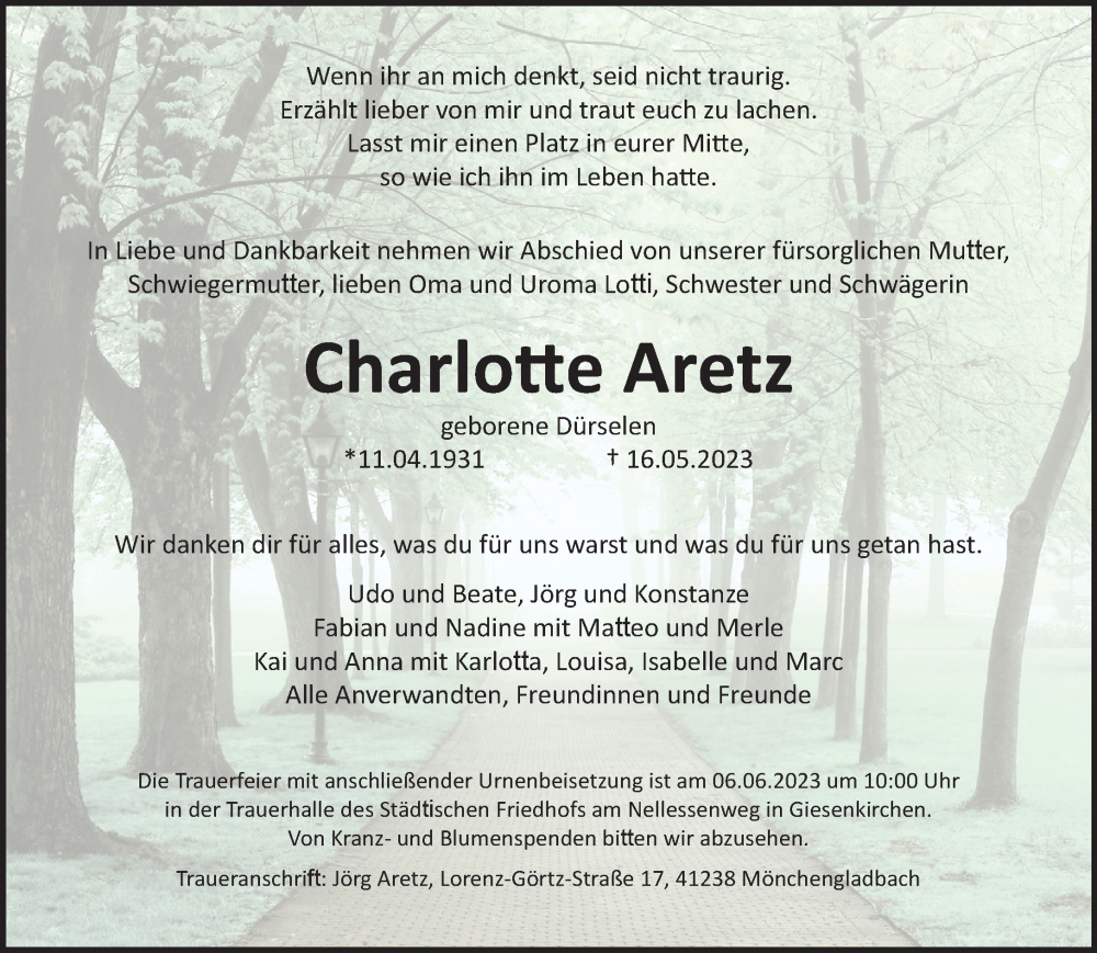  Traueranzeige für Charlotte Aretz vom 28.05.2023 aus trauer.extra-tipp-moenchengladbach.de