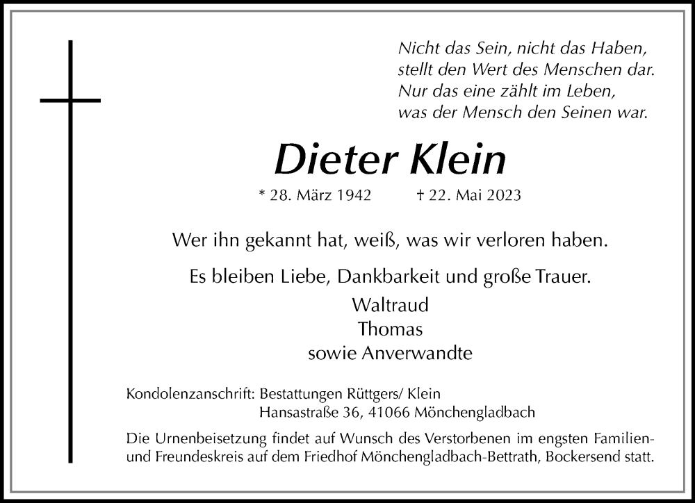  Traueranzeige für Dieter Klein vom 28.05.2023 aus trauer.extra-tipp-moenchengladbach.de