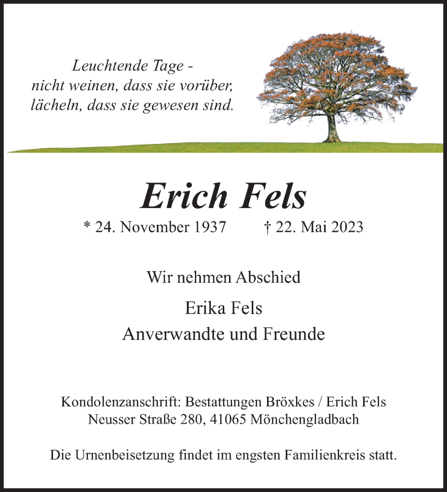 Traueranzeige für Erich Fels vom 04.06.2023 aus trauer.extra-tipp-moenchengladbach.de