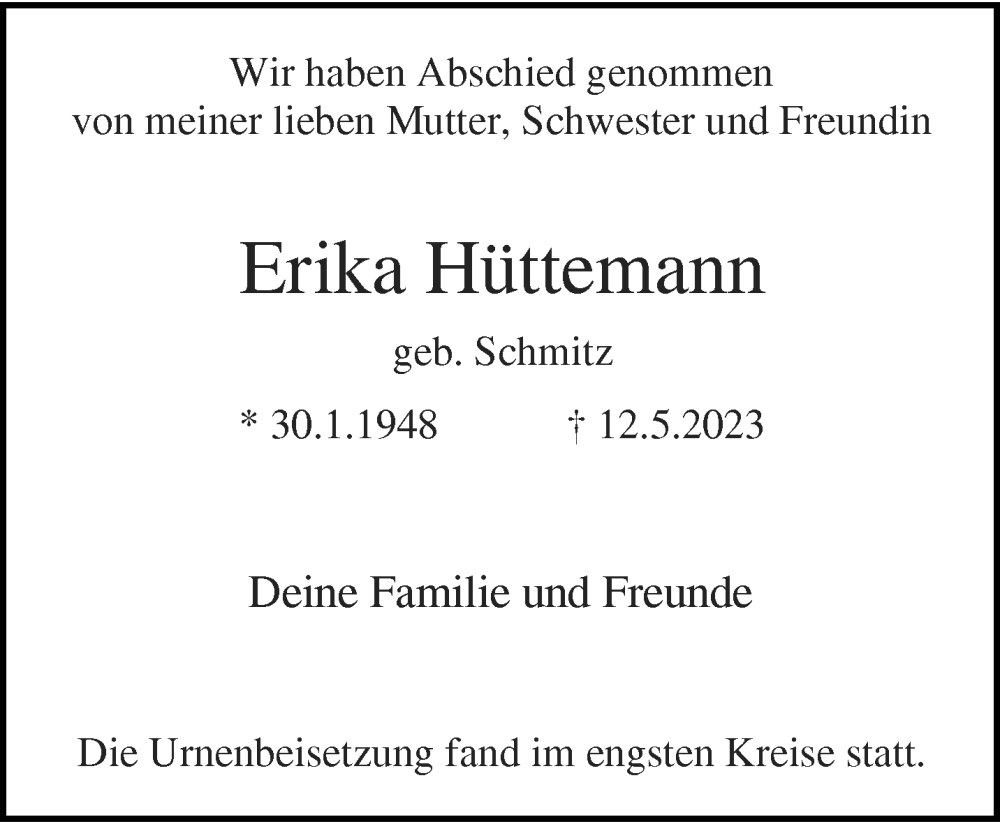  Traueranzeige für Erika Hüttemann vom 27.05.2023 aus trauer.wuppertaler-rundschau.de