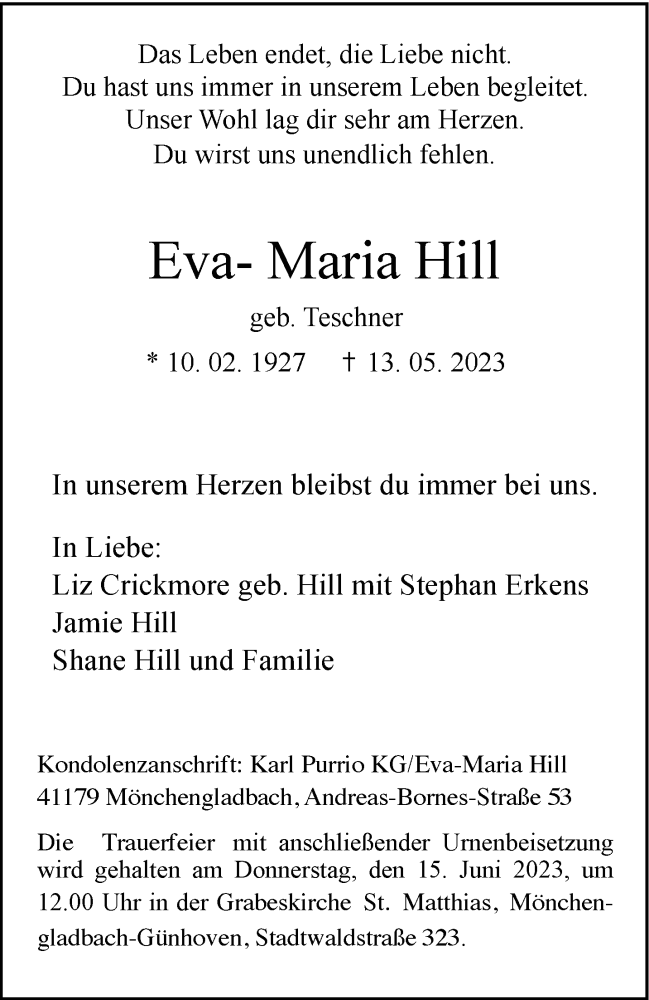  Traueranzeige für Eva-Maria Hill vom 28.05.2023 aus trauer.extra-tipp-moenchengladbach.de