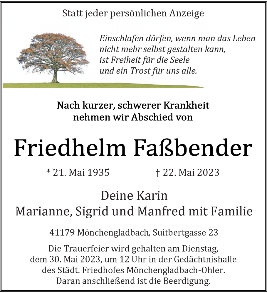  Traueranzeige für Friedhelm Faßbender vom 28.05.2023 aus trauer.extra-tipp-moenchengladbach.de