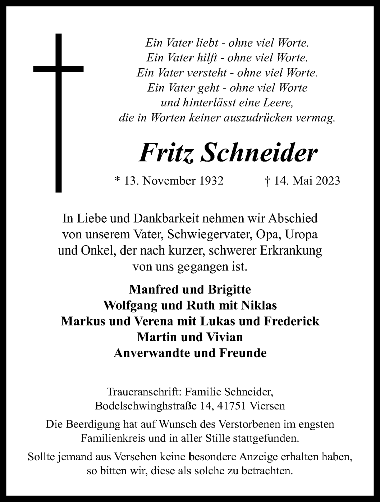  Traueranzeige für Fritz Schneider vom 28.05.2023 aus trauer.extra-tipp-moenchengladbach.de