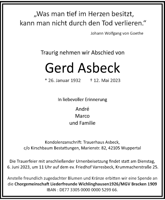 Traueranzeige von Gerd Asbeck von trauer.wuppertaler-rundschau.de