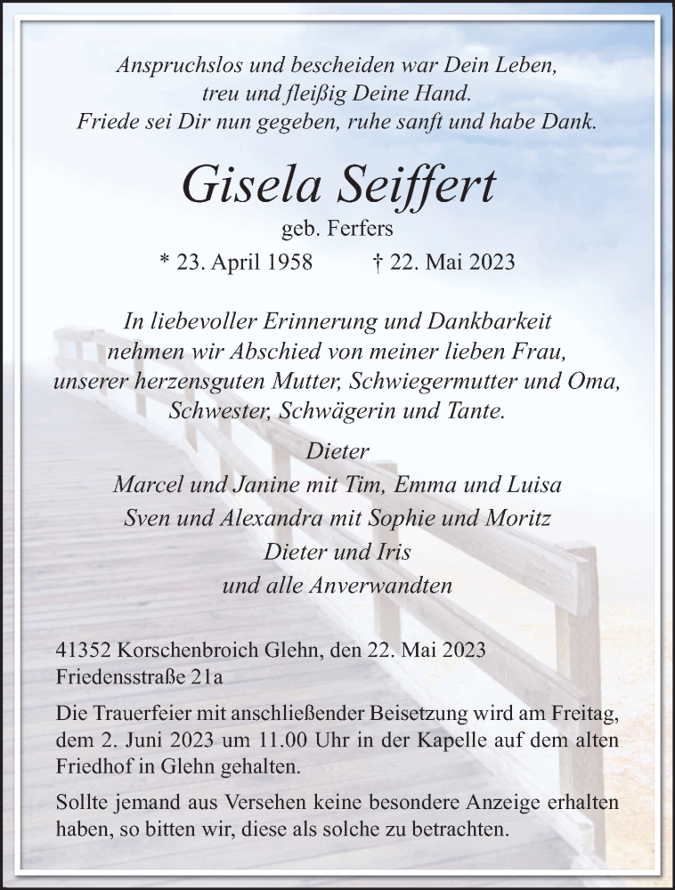  Traueranzeige für Gisela Seiffert vom 28.05.2023 aus trauer.extra-tipp-moenchengladbach.de