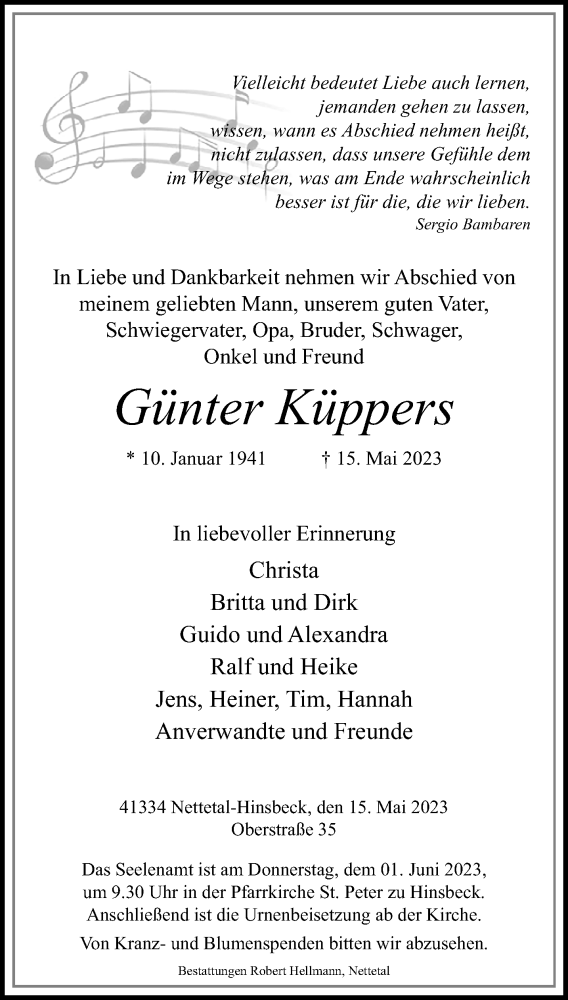  Traueranzeige für Günter Küppers vom 28.05.2023 aus trauer.extra-tipp-moenchengladbach.de