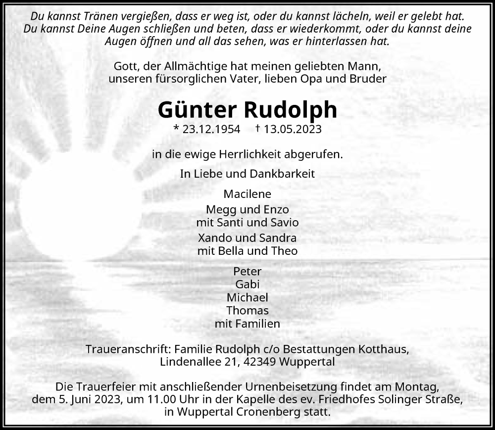  Traueranzeige für Günter Rudolph vom 27.05.2023 aus trauer.wuppertaler-rundschau.de